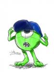 1_eye 3_toes 4_fingers ambiguous_gender baseball_cap clothing feet fingers green_body green_skin hat headgear headwear looking_up not_furry open_mouth simple_background solo standing teeth toes white_background young harara disney monsters_inc monsters_university pixar mike_wazowski monster 3:4 colored_sketch hi_res signature sketch