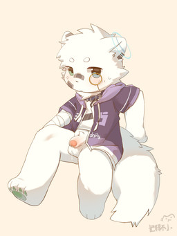 anthro balls blue_eyes bodily_fluids bottomless clothed clothing collar ear_piercing foreskin fur genital_fluids genitals green_eyes green_pawpads half-erect heterochromia hoodie humanoid_genitalia humanoid_penis kemono looking_away male open_clothing open_hoodie open_topwear pawpads paws penis piercing precum shirt simple_background solo topwear white_body white_fur young young_male jidebuxiao felid feline mammal colored digital_drawing_(artwork) digital_media_(artwork) hi_res shaded