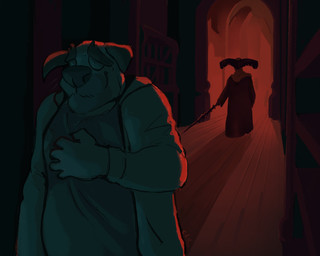 ambiguous_form ambiguous_gender anthro bodily_fluids clothed clothing duo floppy_ears front_view holding_object holding_weapon inside jacket male mouth_closed open_clothing open_jacket open_topwear overweight overweight_anthro overweight_male robe solo_focus standing sweat sweaty_face topwear weapon chocolateandmilk richard_(chocolateandmilk) ambiguous_species canid canine canis domestic_dog mammal hi_res