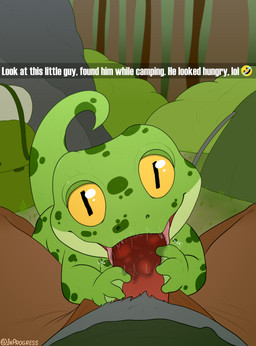 ambiguous_gender anthro anthro_on_feral backpack bestiality bodily_fluids camping detailed_background drooling duo fellatio feral feral_penetrated first_person_view forest genitals green_body larger_anthro larger_male looking_at_viewer male male/ambiguous male_on_feral oral outside penetration penile penis plant saliva sex size_difference smaller_ambiguous smaller_feral smaller_penetrated sucking tent text tongue tree yellow_eyes inprogress snapchat gecko lizard reptile scalie absurd_res english_text hi_res