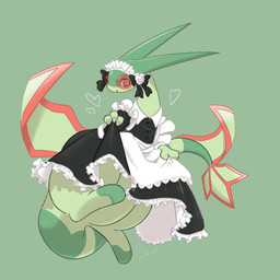 3_fingers ambiguous_gender black_clothing black_dress black_hair_bow blush blush_lines button_(fastener) claws clothed clothing clothing_lift dress dress_lift featureless_crotch featureless_feet feet feral finger_claws fingers frilly frilly_clothing frilly_dress green_background green_body hairless headdress heart_symbol horn looking_away maid_apron maid_headdress maid_uniform markings multicolored_body open_mouth red_body red_eyes simple_background solo striped_markings striped_tail stripes tail tail_markings thick_tail uniform white_clothing white_dress wings urashimaxxx nintendo pokemon flygon generation_3_pokemon pokemon_(species) 1:1 2026 absurd_res hi_res signature