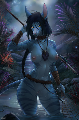 anthro areola biped breasts countershade_torso countershading female fingers front_view fur genitals hair looking_at_viewer navel nipples nude nude_anthro nude_female outside smile solo standing stripes tail vulva water wet lesspie james_cameron's_avatar alien na'vi 2026 digital_drawing_(artwork) digital_media_(artwork) hi_res