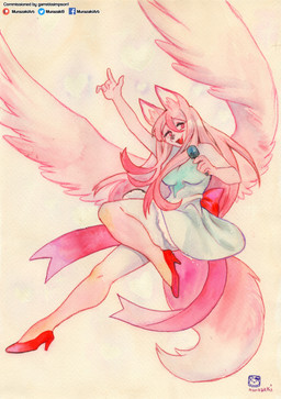 action_pose anthro biped bow_tie breasts clothing dress electronics feathered_wings feathers female fluffy fluffy_tail footwear fur hair high_heels holding_object inner_ear_fluff long_hair looking_away microphone open_mouth pose shoes simple_background singing smile solo tail tuft wings murazaki brand_new_animal studio_trigger nazuna_hiwatashi canid canine mammal 2020 absurd_res hi_res painting_(artwork) traditional_media_(artwork) traditional_painting_(artwork) traditional_watercolor_(artwork) watercolor_(artwork)