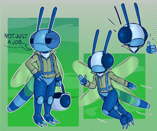 2_toes 4_fingers 4_wings antennae_(anatomy) anthro armor arthropod_abdomen back_wings bar_emanata big_eyes blue_body blue_exoskeleton bottomless brown_clothing brown_jacket brown_topwear clothed clothing compound_eyes dialogue emanata exoskeleton featureless_crotch feet fingers flying furgonomic_headwear furgonomics gesture halftone_background halftone_shading hand_gesture hand_on_hip headgear helmet holding_armor holding_headgear holding_helmet holding_object insect_wings jacket male mouthless multi_wing outline partial_speech_bubble pattern_background pilot simple_background solo standing text thumbs_up toes topwear white_helmet white_outline wings lizardfungus cc-by-nc-nd creative_commons arthropod damselfly insect 2025 aliasing binary_drawing digital_drawing_(artwork) digital_media_(artwork) english_text halftone multiple_images