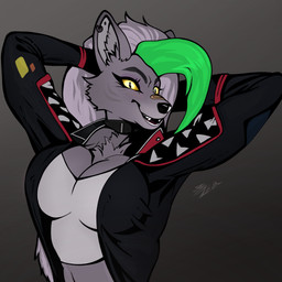 band-aid bandage breasts clothing collar ear_piercing ear_ring eyelashes eyeshadow female fur fur_markings glowing glowing_eyes green_hair grey_body grey_fur grey_hair hair hands_behind_head inner_ear_fluff jacket makeup markings mole_(marking) navel piercing ring_piercing solo teeth topwear tuft yellow_eyes 8zeon five_nights_at_freddy's five_nights_at_freddy's:_security_breach scottgames steel_wool_studios roxanne_wolf canid canine canis humanoid mammal wolf 1:1 2023 digital_media_(artwork) hi_res