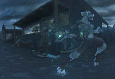 alternative_fashion anthro arrow_(weapon) battle blood bodily_fluids bow_(weapon) clothed clothing cloud death detailed_background electricity electrocution eyewear female fight goggles group hat headgear headwear jumping light male outside overcast raining ranged_weapon sky solo_focus steampunk storm warrior weapon western fek canid canine mammal scalie cool_colors dark_theme hi_res lighting
