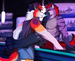 alcohol anthro bar beverage clothed clothing counter duo fur hair male male/male muscular muscular_anthro muscular_male pawpads paws pecs raised_paw smile vitaly4321 corvo_(character) hux_h_growl canid canine canis fox hybrid hyena mammal wolf digital_media_(artwork) hi_res