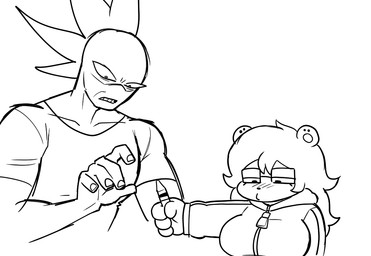 4_fingers 5_fingers anthro big_breasts blush breasts clothing confusion crayon duo ear_piercing eyewear female fingernails fingers flattered glasses hair holding_crayon holding_object hoodie huge_breasts humanoid_on_anthro humor interspecies larger_humanoid larger_male long_hair looking_down male muscular muscular_humanoid muscular_male nails narrowed_eyes piercing shirt shy simple_background size_difference smaller_anthro smaller_female topwear wearing_glasses zipper zipper_hoodie voideyedpanda jon_(voideyedpanda) sunny_(ponkochan) bear demon demon_humanoid humanoid mammal 2025 black_and_white digital_drawing_(artwork) digital_media_(artwork) monochrome sketch trans_(lore) trans_woman_(lore)