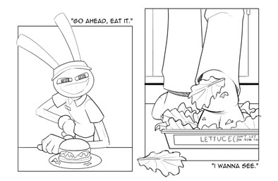 accessory anthro bottomwear burger carrot clothed clothing dialogue feet food foot_focus furniture gloves handwear lettuce looking_at_viewer male narrowed_eyes pants plant restaurant shirt smile solo table text tools topwear vegetable 3rdharleyjoe burger_king_foot_lettuce glitch_productions the_amazing_digital_circus jax_(tadc) lagomorph leporid mammal rabbit black_and_white comic digital_media_(artwork) english_text hi_res meme monochrome