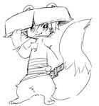 anthro bandage fangs featureless_crotch feet fingers hair happy male object_in_mouth rice_hat sheathed_sword solo tail teeth toes sugar_dragon_(artist) koppa_(shiren_the_wanderer) mammal mustelid musteline stoat true_musteline weasel 2023 japanese_description monochrome