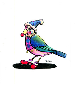 ambiguous_gender beak bell bodily_fluids clothing clown clown_costume clown_makeup clown_nose clown_shoes crying feral hat headgear headwear solo tears phano avian bird finch oscine passerine hi_res