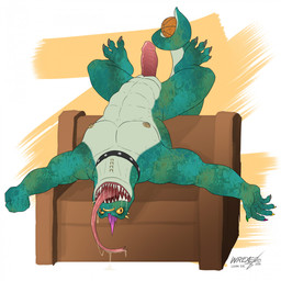 abs animal_genitalia anthro ball basketball_(ball) biped claws collar collar_only countershade_torso countershading erection eyebrow_piercing facial_piercing finger_claws forked_tongue furniture genital_slit genitals green_body holding_object_with_tail long_tongue male multicolored_claws muscular muscular_anthro muscular_male neck_piercing nipple_piercing nipple_ring nipples non-mammal_nipples nose_piercing nose_ring nude nude_male pecs penis piercing prehensile_tail ridged_penis ring_piercing sharp_teeth sofa solo spread_arms stretching studded_collar studs tail tail_hold teeth toe_claws tongue tongue_out upside_down yellow_eyes ligoni goat_(movie) sony_corporation sony_pictures modo_olachenko komodo_dragon lizard monitor_lizard reptile scalie 1:1 2026 digital_media_(artwork) hi_res
