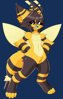 4_fingers ambiguous_gender antennae_(anatomy) anthro arm_tuft black_body black_fur black_hair black_sclera blue_tongue clothing collarbone crotch_tuft ear_tuft elbow_tuft eye_through_hair facial_tuft feet fingers fur glistening glistening_body hair hand_on_butt hip_tuft legwear looking_at_viewer markings navel nipples open_mouth pattern_clothing pattern_legwear shoulder_tuft smile smiling_at_viewer solo stinger striped_antennae striped_arms striped_clothing striped_legwear striped_markings striped_tail stripes tail tail_markings toeless_(marking) tongue translucent translucent_hair tuft white_body white_eyes white_fur wings yellow_body yellow_fur yellow_wings gaogomon arthropod bee hybrid hymenopteran insect mammal 2025 absurd_res alpha_channel full-length_portrait hi_res portrait