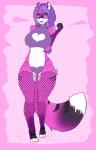 anthro black_body black_fur black_nose breasts clothing dipstick_tail female fishnet_clothing fishnet_legwear front_view fur hair hand_behind_back legwear markings midriff multicolored_body multicolored_fur multicolored_tail pink_body pink_fur pink_tongue purple_eyes purple_hair smile solo standing tail tail_markings tongue white_body white_fur chide selene_leni canid canine fox mammal hi_res