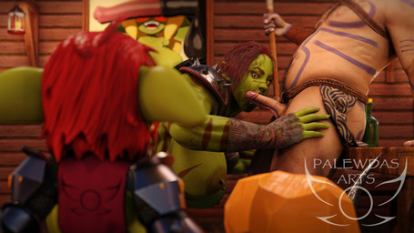 5_fingers areola armor bandage being_watched belly berserker big_breasts big_ears biped bottomwear breasts butt chainmail clothed clothing druid ear_piercing ear_ring fantasy fellatio female female_humanoid fingers foreskin genitals giant_hammer green_body green_skin group hair hammer holding_object holding_weapon inside licking loincloth looking_at_another magic_user male markings mostly_nude_human mostly_nude_male muscular muscular_female muscular_humanoid nipple_piercing nipples nude_humanoid oral oversized_weapon paladin penile penis penis_lick piercing red_hair retracted_foreskin ring_piercing sex shortstack size_difference slightly_chubby tavern tongue tools tribal tribal_markings tribal_spellcaster unconvincing_armor weapon yellow_eyes palewdas_arts palewdasarts_(modeler) barn_(palewdasarts) karah_(palewdasarts) mina_(palewdasarts) goblin human humanoid mammal orc 16:9 3d_(artwork) digital_media_(artwork) hi_res widescreen