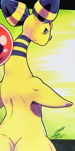 abstract_background ambiguous_gender anthro blush blush_lines butt eyelashes eyewear forehead_gem gem glasses grey_eyes open_mouth solo tail yellow_body 025aki nintendo pokemon ampharos generation_2_pokemon pokemon_(species) 2026 absurd_res dated hi_res signature