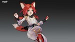 anthro blue_eyes brown_pawpads clothing crown dipstick_tail female flowing_hair fur hair headgear inner_ear_fluff leg_markings markings open_mouth pawpads red_body red_fur red_hair solo surprised_expression tail tail_markings tiara tied_hair tuft twintails_(hairstyle) white_clothing otsunao koei_tecmo warriors_(game_series) warriors_all-stars tamaki_(warriors) canid canine fox mammal 16:9 3d_(artwork) digital_media_(artwork) hi_res widescreen