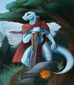 anthro cape clothing forest forest_background greatsword green_eyes male melee_weapon nature nature_background plant scales sky sword tail tree weapon white_body white_scales ksatti dungeons_and_dragons hasbro wizards_of_the_coast lizard lizardfolk_(dnd) lizardman reptile scalie 2024 hi_res