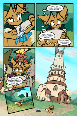 5_panel_comic ambiguous_gender black_cape black_clothing black_eyes black_nose black_text blue_text brown_body brown_fur brown_hair building cape cheek_spots clothing cloud day dialogue dot_pupils ellipsis exclamation_point eye_patch eyebrows eyelashes eyewear feral flower fluffy fluffy_tail fur grass group hair handkerchief holding_letter holding_object holding_paper inner_ear_fluff kerchief letter looking_at_another motion_lines mouth_closed multi_tail neck_tuft one_eye_obstructed open_mouth open_smile outside paper paws plant pupils purple_eyes purple_scarf question_mark reading red_cheeks scarf shrub sky smile sound_effects speech_bubble tail talking_to_another text tree tuft tusks walking white_sclera yellow_body virmir nintendo pokemon pokemon_mystery_dungeon spike_chunsoft virmir_(character) zinc_(zincxiron) axew eevee generation_1_pokemon generation_2_pokemon generation_5_pokemon pichu pokemon_(species) timburr vulpix 2026 2:3 absurd_res comic english_text hi_res female_(lore) male_(lore)