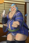 alcohol anthro asian_clothing belly beverage blue_hair blush bottomwear bottomwear_down brown_body brown_fur bulge clothed clothing east_asian_clothing fundoshi fur hair japanese_clothing kimono male overweight pants pants_down partially_clothed sake solo tusks underwear conqueror_beelz lifewonders tokyo_afterschool_summoners ganglie_(tas) mammal suid suina sus_(pig) wild_boar 2024 hi_res