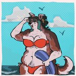 anthro beach belly_tuft bikini black_nose blue_sky blue_towel border breasts brown_eyewear brown_hair brown_inner_ear brown_sunglasses brown_tail bulge cleavage clothed clothing cloud day ear_tuft eyewear fangs female fluffy fluffy_tail flying fur green_hair hair holding_object holding_towel multicolored_body multicolored_fur multicolored_hair multicolored_tail navel open_mouth open_smile outside overweight overweight_anthro overweight_female pawpads ponytail pubes red_bikini red_clothing red_swimwear sea sky smile solo sunglasses swimwear tail tan_pawpads teeth towel tuft two-piece_swimsuit under_boob water white_body white_border white_breasts white_fur white_tail flockdog roxanne_(flockdog) avian bird border_collie canid canine canis collie domestic_dog herding_dog mammal pastoral_dog sheepdog 2024 colored digital_drawing_(artwork) digital_media_(artwork) hi_res trans_(lore) trans_woman_(lore)