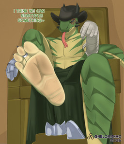 anthro armor clothing dialogue digit_ring feet foot_fetish foot_focus hat headgear headwear humanoid_feet jewelry male plantigrade ring soles solo text toe_ring toes tongue tongue_out melonvino mythology rado_vint_(lepus) dragon hybrid mythological_creature mythological_scalie reptile scalie snake english_text hi_res