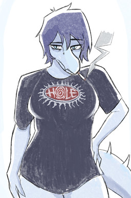 anthro band_shirt black_clothing black_shirt black_topwear blue_body blue_eyes blue_hair bottomless bottomless_anthro bottomless_female cigarette clothed clothing eyebrows female fingers front_view frown hair half-closed_eyes hand_on_hip humanoid_hands looking_at_viewer narrowed_eyes pose raised_eyebrow shirt simple_background smoke smoking smoking_cigarette solo spiked_tail spikes spikes_(anatomy) standing tail topwear white_background gretchin123 cavemanon_studios hole_(band) snoot_game fan_character nova_(snoot_game) baryonyx dinosaur prehistoric_species reptile saurischian scalie spinosaurid theropod colored half-length_portrait hi_res portrait shaded