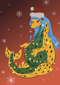 4_fingers accessory balloon_lip belly big_belly blue_hair candy candy_cane christmas_clothing christmas_decorations christmas_headwear christmas_lights clothing dessert eyelashes fangs female feral fin fingers flower flower_in_hair food food_in_mouth gradient_background green_body green_skin hair hair_accessory hat headgear headwear holidays lights long_hair long_neck long_tail looking_at_viewer markings multicolored_body multicolored_skin plant pregnant pregnant_female pregnant_feral red_background red_clothing red_eyes red_flower red_hat red_headwear santa_hat simple_background snarling snout snowflake solo spots spotted_body spotted_markings spotted_skin spotted_tail string_lights tail tail_fin tail_markings teeth wrinkles yellow_body yellow_skin black_kitty christmas mythology kolayoail animate_inanimate aquatic aquatic_dragon dragon hybrid mythological_creature mythological_scalie scalie 2023 digital_drawing_(artwork) digital_media_(artwork) hi_res