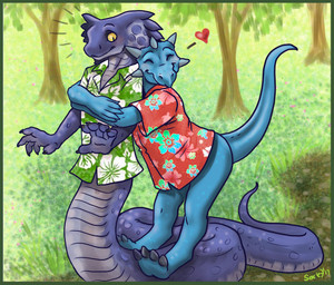 aloha_shirt ambiguous_gender anthro apode blue_body bottomless bottomless_anthro bottomless_male clothed clothing dragon_tail duo forest forest_background hug legless male male/ambiguous nature nature_background pattern_clothing pattern_shirt pattern_topwear plant scales serpentine shirt smile snake_hood tail topwear tree yellow_eyes caribou_(artist) mythology ophius_(bahumot) cobra draconcopode dragon mythological_creature mythological_scalie naga reptile scalie snake digital_media_(artwork)