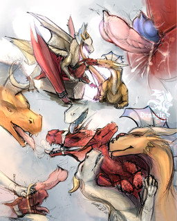 bodily_fluids bound double_penetration dripping from_behind_position genital_fluids group group_sex kissing knot muzzle_(object) penetration plug raised_tail saliva saliva_drip sex spitting tail threesome urine vaginal vaginal_penetration watersports wings_tied drangir mythology dragon mythological_creature mythological_scalie scalie 4:5 absurd_res hi_res