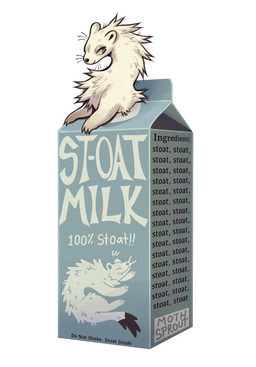 ambiguous_gender blue_eyes carton container dipstick_tail feral fur humor markings milk milk_carton milk_container pun solo tail tail_markings text visual_pun white_body white_fur moth_sprout mammal mustelid musteline stoat true_musteline weasel english_text hi_res