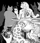 beverage bottomwear claws clothing emanata eyeless feet first_person_view fluffy fluffy_tail furgonomic_bottomwear furgonomics group hindpaw holding_beverage holding_object holstered_pistol looking_at_viewer looking_back pawpads paws question_mark rear_view shirt shorts solo_focus sweater_around_waist tail text topwear thetarget felid mammal pantherine snow_leopard 2024 digital_drawing_(artwork) digital_media_(artwork) english_text hi_res monochrome