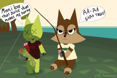 anthro balls beverage big_balls big_penis bottomless clothed clothing duo fishing fishing_rod foreskin genitals glans humanoid_genitalia humanoid_penis language_barrier male male/male penis size_difference small_but_hung doctor_fastoss webfishing canid canine domestic_cat felid feline felis mammal undead zombie 3:2 digital_media_(artwork) pixel_(artwork)