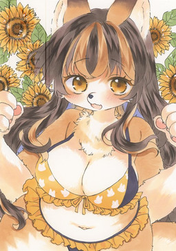 4_fingers anthro belly big_breasts bikini black_hair black_nose blush blush_lines breasts brown_hair cleavage clothed clothing deep_navel eyebrow_through_hair eyebrows fangs female fingers flower fluffy fluffy_tail frilly frilly_bikini frilly_clothing frilly_swimwear fur hair high-angle_view huge_hips kemono looking_at_viewer multicolored_body multicolored_fur multicolored_hair navel neck_tuft open_mouth orange_bikini orange_body orange_clothing orange_eyes orange_fur orange_swimwear pawpads plant print_bikini print_clothing print_swimwear simple_background slightly_chubby slightly_chubby_anthro slightly_chubby_female snout solo sunflower swimwear tail teeth thick_thighs translucent translucent_hair tuft two-piece_swimsuit white_background white_body white_fur wide_hips minikokemo chunithm chunithm_luminous sega sega_fave inuhiro_mimimi canid canine canis domestic_dog mammal 2026 distracting_watermark watermark