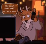 anthro antlers brown_body brown_fur clothed clothing countershade_face countershade_fur countershading dialogue fur horn male solo speech_bubble text pop2hotzz deer mammal new_world_deer reindeer english_text