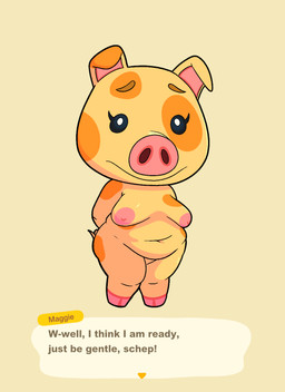 anthro areola beady_eyes black_eyes breasts dialogue featureless_crotch female front_view hooves navel nipples nude orange_body orange_spots overweight overweight_female pink_areola pink_nipples simple_background smile snout solo spots tan_background text thick_thighs wide_hips impstripe animal_crossing nintendo maggie_(animal_crossing) domestic_pig mammal suid suine sus_(pig) english_text hi_res
