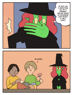 5_fingers ambiguous_gender big_hands black_clothing black_dress black_hat black_headwear blush blush_lines bodily_fluids bread brown_eyes brown_hair chicken_meat clothing container crying cup dress eating eating_food eyes_closed fingers food front_view green_body green_clothing green_topwear group hair hat headgear headwear holding_food holding_fork holding_object huge_hands humanoid_pointy_ears looking_at_another looking_at_food looking_at_object meat medium_comic mouth_closed nervous nervous_sweat pointy_ears red_hair roast_chicken_leg sausage shocked smitten sweat sweaty_arms sweaty_face tears tears_of_joy text thin_eyebrows thought_bubble topwear trio wide_eyed witch_hat yellow_clothing yellow_topwear bonnymama7 elphaba_(bonnymama7) human humanoid mammal 2025 absurd_res comic digital_drawing_(artwork) digital_media_(artwork) english_text half-length_portrait hi_res portrait female_(lore)