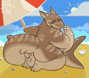 anthro anus backsack balls beach black_eyes blush butt detailed_background genitals male outside overweight overweight_anthro overweight_male sand seaside simple_background slightly_chubby solo sun umbrella galeon aquatic fish shark hi_res