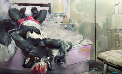 anthro arm_tuft bed biped black_body black_claws black_ears black_fur black_nose black_tail bulge cheek_tuft chest_tuft cigarette claws clothing elbow_tuft facial_tuft finger_claws fur furniture glistening glistening_eyes glistening_nose hair inner_ear_fluff inside lying male multicolored_hair narrowed_eyes navel on_back on_bed red_clothing red_hair red_underwear smoke smoking solo tail tuft two_tone_hair underwear white_body white_fur white_hair white_inner_ear_fluff white_tail yellow_eyes oselotti mammal mephitid skunk hi_res signature