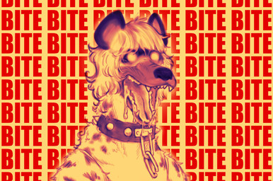 ambiguous_gender anthro bangs bodily_fluids broken_chain collar drooling fur glowing glowing_eyes markings medium_hair open_mouth saliva sharp_teeth solo spiked_collar spikes spots spotted_body spotted_fur teeth text isthatyourmain hyena mammal english_text hi_res