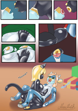 anthro anthro_on_anthro anthro_to_inanimate black_body blonde_hair breast_grab breasts butt clothing duo female female/female genitals glistening glistening_body green_clothing green_shirt green_topwear hair hand_on_breast holidays hooves inanimate_transformation inflatable kissing legwear nipples nude open_mouth pattern_clothing pawpads plant sex shirt smile tail text topwear transformation tree tribadism vaginal vulva moomaid christmas caluar_(caluar) tara_greenfield animate_inanimate bovid bovine cattle domestic_cat felid feline felis living_inflatable mammal 2022 absurd_res comic digital_media_(artwork) english_text hi_res