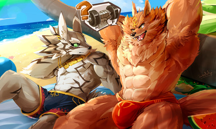 abs anthro armpit_hair beach biceps body_hair bottomwear bulge bulge_size_difference clothed clothing countershading duo food fruit hands_behind_head jewelry male melon muscular muscular_anthro muscular_male necklace palm_tree pecs plant seaside shorts speedo swimwear tongue topless tree watermelon waddledox lifewonders puzzle_and_dragons tokyo_afterschool_summoners set_(puzzle_and_dragons) seth_(tas) canid canine canis jackal mammal 5:3 absurd_res hi_res
