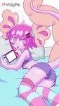 anthro breasts clothing female hair legwear long_tail lying pattern_clothing pattern_legwear pink_body pink_hair short_stack stockings striped_clothing striped_legwear stripes surprise tail under_boob vitzypie nintendo nintendo_switch vitzy_(vitzypie) amphibian axolotl marine mole_salamander salamander 9:16 absurd_res hi_res