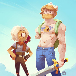 amputee anthro backpack beard belt_buckle bladed_weapon blonde_hair blue_background bottomwear bracelet buckle chest_tattoo clothed clothing disability dot_eyes duo eyelashes facial_hair female great-niece great-uncle great-uncle_and_great-niece hair hair_over_eye hands_on_hips hands_on_own_hips holding_melee_weapon holding_object holding_weapon horn jewelry larger_human larger_male male male/female melee_weapon missing_arm pants scar scarf shark_sword_(adventure_time) shirt shirtless_male simple_background simple_eyes size_difference skateboard sky skyscape smaller_anthro sword tattoo topwear torn_bottomwear torn_clothing torn_pants vehicle weapon white_eyes yellow_body poppy_betha adventure_time adventure_time:_distant_lands cartoon_network bronwyn_(adventure_time) finn_the_human canid canine canis domestic_dog human mammal pup_(adventure_time) rainicorn 1:1 hi_res shaded signature niece_(lore) uncle_(lore) uncle_and_niece_(lore)