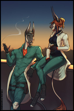 anthro arm_support beverage cigarette cigarette_smoke clothing coat coffee coffee_cup container crossed_legs cup dialogue duo ear_piercing ear_ring facial_piercing fangs female holding_cigarette holding_object jumpsuit leaning leaning_backward leaning_on_elbow leaning_sideways long_ears male nose_piercing piercing pose ring_piercing septum_piercing sitting slice_of_life smile smoke talking_to_another teeth topwear thalislixeon zora_kozma acrador canid canine canis hybrid jackal mammal synth-crador 2:3 hi_res pinup