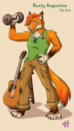 acoustic_guitar anthro bisexual_pride_colors clothed clothing exercise guitar hand_on_hip lgbt_pride male musical_instrument plucked_string_instrument pride_colors simple_background solo standing string_instrument text weightlifting workout unknown_artist canid canine fox mammal character_name full-length_portrait portrait