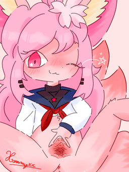 3_tails accessory adolescent anthro anus asian_clothing black_clothing black_topwear blush bottomless clothed clothing dipstick_tail east_asian_clothing eyelashes female flower flower_in_hair fur genitals hair hair_accessory inner_ear_fluff japanese_clothing japanese_school_uniform jewelry looking_at_viewer markings multi_tail necklace one_eye_closed pink_anus pink_body pink_eyes pink_fur pink_hair pink_inner_ear pink_tail pink_vulva plant red_tail_tip school_uniform serafuku simple_background solo spread_legs spread_vulva spreading star_eyes tail tail_markings tan_inner_ear_fluff topwear tuft uniform vulva white_clothing white_topwear wink winking_at_viewer young young_anthro young_female xammyxx cherry_(xammyxx) canid canine fennec_fox fox mammal true_fox 2026 3:4 digital_media_(artwork) hi_res ibispaint_(artwork) shaded signature watermark