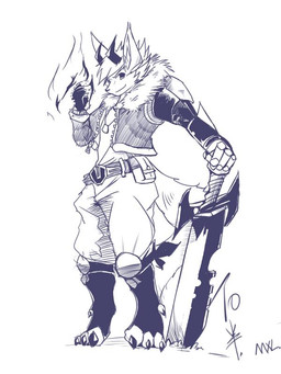 ambiguous_gender anthro clothed clothing fur hair holding_object holding_weapon horn kemono male melee_weapon solo sword weapon white_body white_fur white_hair canid canine canis mammal wolf 2012 3:4