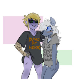 4_fingers age_difference anthro balls bite biting_lip black_clothing black_nose black_sclera black_shirt black_t-shirt black_topwear blonde_hair blue_eyes blush bottomless claws clothed clothing collarbone countershade_torso countershading duo ear_piercing ear_ring female fingers fur genitals green_eyes grey_body grey_fur hair hand_on_shoulder hand_wraps humor long_hair looking_at_another male nervous piercing pulling_shirt purple_body purple_skin ring_piercing scar shirt shirt_only simple_background standing t-shirt t-shirt_only text topwear topwear_only white_background white_hair wraps young young_anthro younger_male spinater blizzard_entertainment warcraft axel_(character) jointcrack_(spinater) canid humanoid mammal undead werecanid werecreature worgen 2022 colored_sketch digital_drawing_(artwork) digital_media_(artwork) sketch