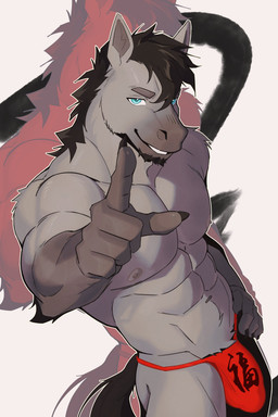 5_fingers abs anthro areola asian_clothing biceps black_mane black_tail blue_eyes cjk_character claws clothed clothing deltoids east_asian_clothing fingers fundoshi fundoshi_only gesture grey_body hand_gesture humanoid_hands japanese_clothing looking_at_viewer male male_anthro mane mostly_nude_anthro mostly_nude_male muscular muscular_anthro muscular_male nipples pecs pointing pointing_at_viewer smile smiling_at_viewer solo tail topless trapezius underwear underwear_only v-cut yzdogtor chinese_zodiac year_of_the_horse equid equine horse mammal 2:3 absurd_res hi_res